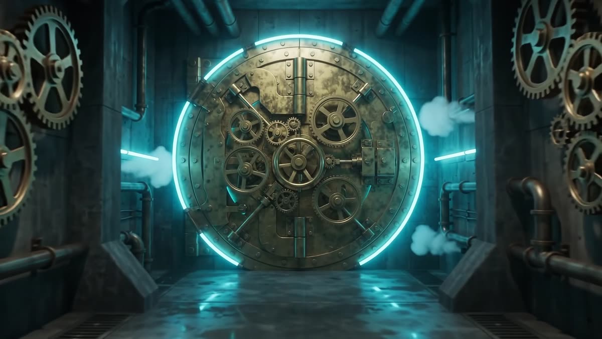 Brass vault door with neon cyan lighting